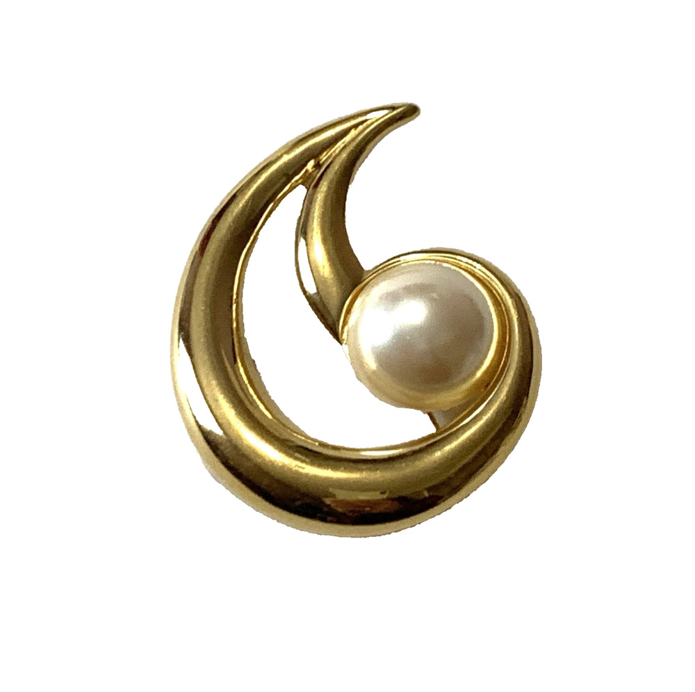 Vintage Richelieu Gold Tone Faux Pearl Modernist Swirl Brooch Pin Signed